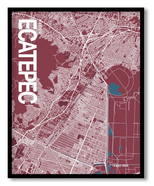 Ecatepec De Morelos Map Art, Red & Blue, Ready to hang, Framed Wall art