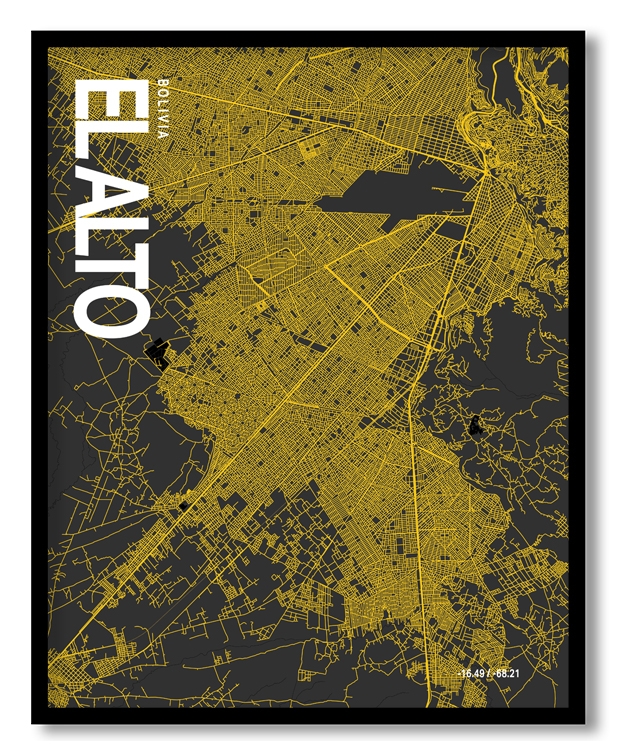 El Alto Map Art, Yellow-Black, Poster style, Framed & Ready to hang wall art