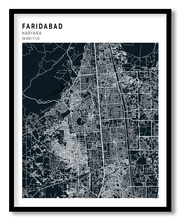 Pantone above blue map of Faridabad