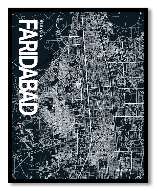 Faridabad Map Art, Dark Blue poster style, Ready to hang wall art