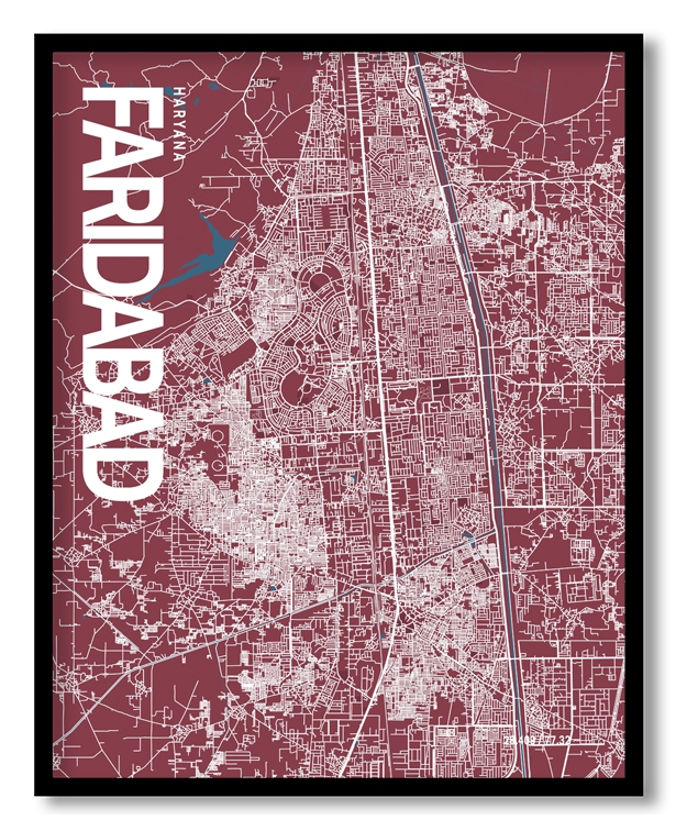 Faridabad Map Art, Red & Blue, Ready to hang, Framed Wall art