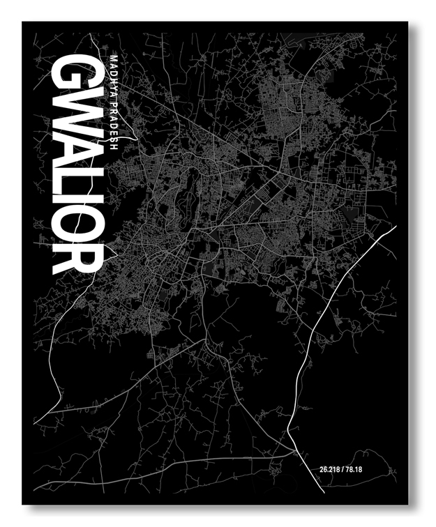 Gwalior Map Art, Black & White, Poster style framed wall art