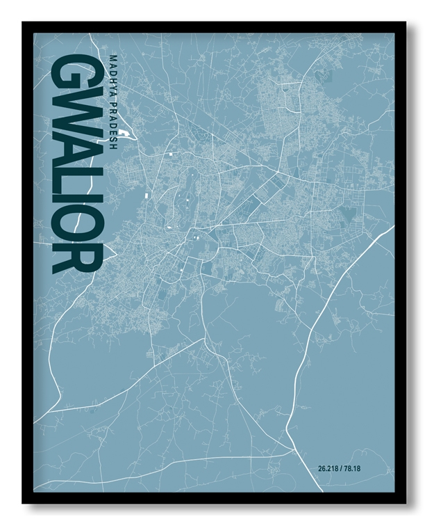 Gwalior Blue Map Art, Ready to hang, Framed Wall art