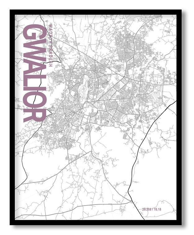 Gwalior White Map Art, Poster style, Framed & Ready to hang wall art