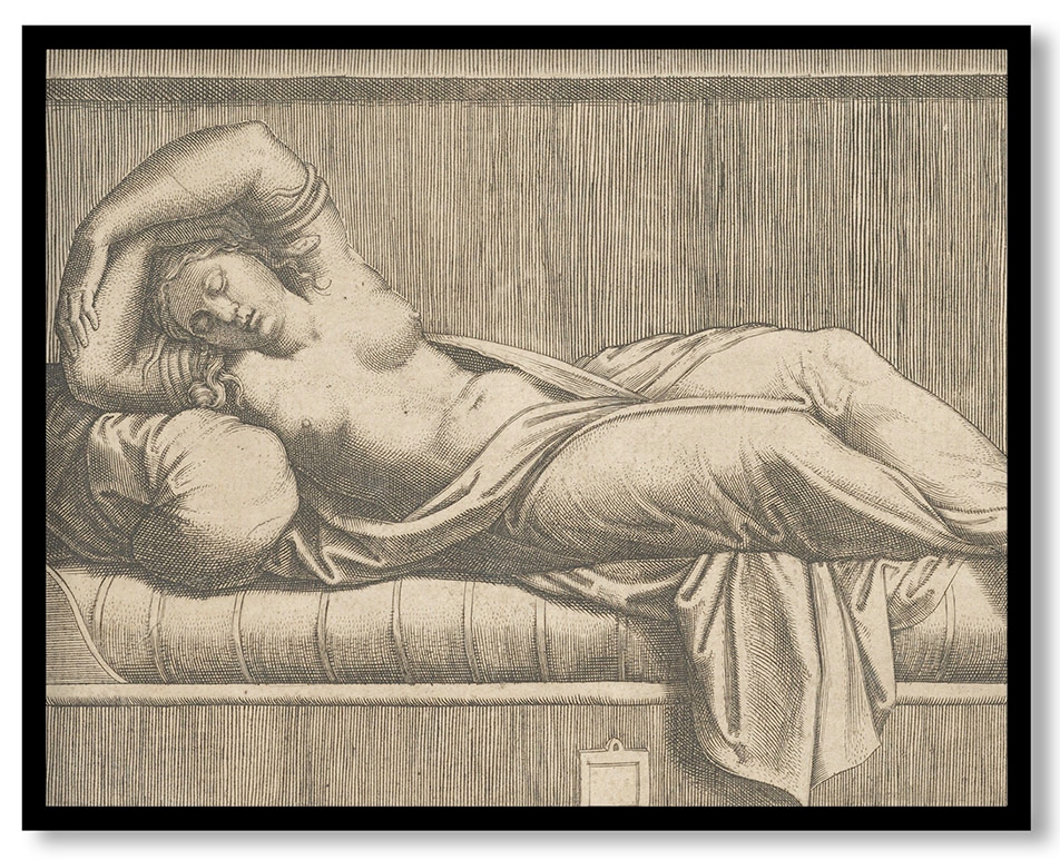 Cleopatra, partly naked laying on a bed by Raphael  (ca.1515–40)