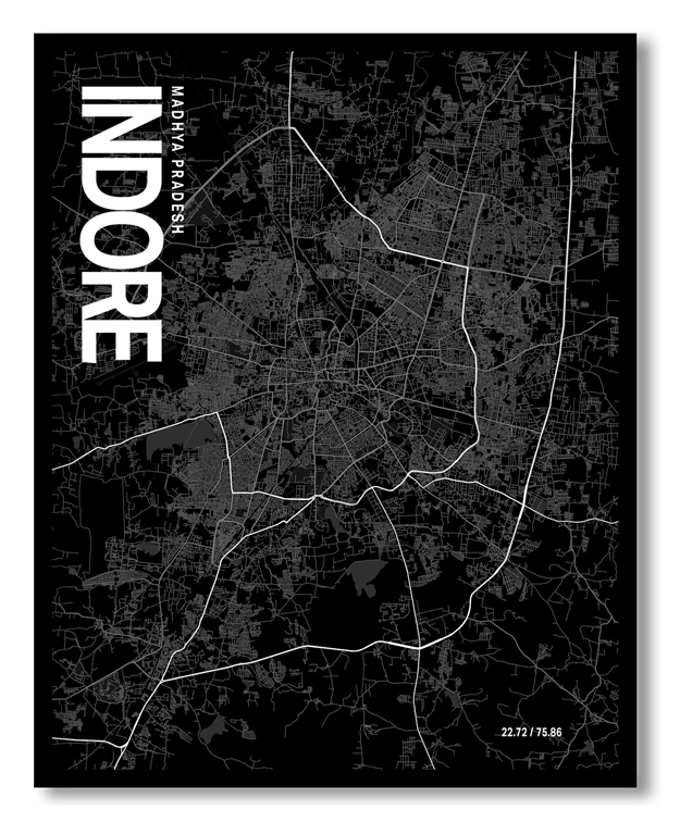 Indore Map Art, Black & White, Poster style framed wall art