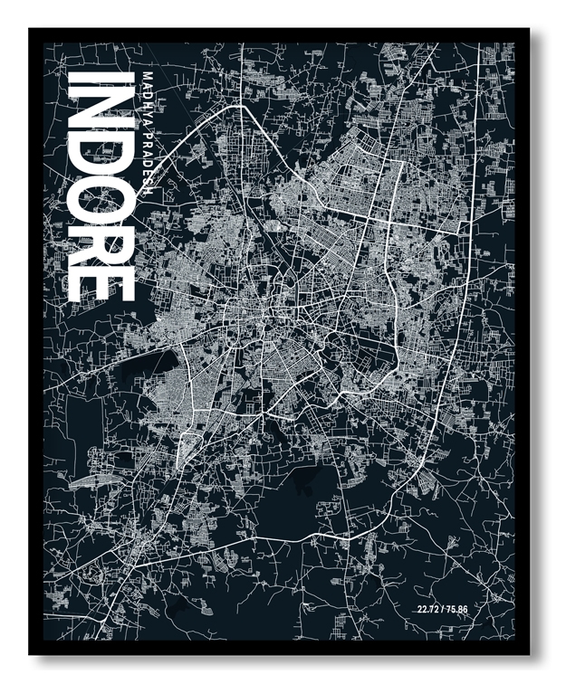 Indore Map Art, Dark Blue poster style, Ready to hang wall art