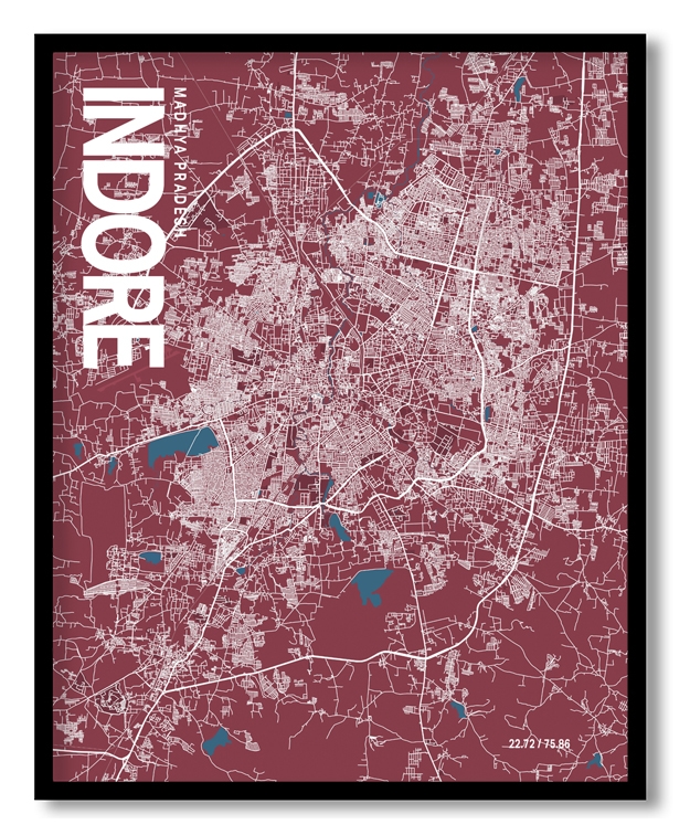 Indore Map Art, Red & Blue, Ready to hang, Framed Wall art