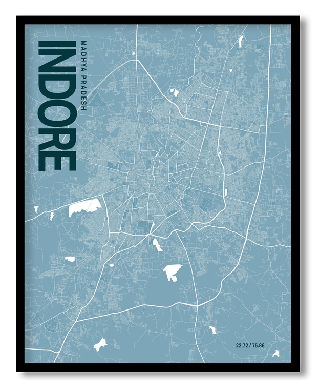 Indore Blue Map Art, Ready to hang, Framed Wall art