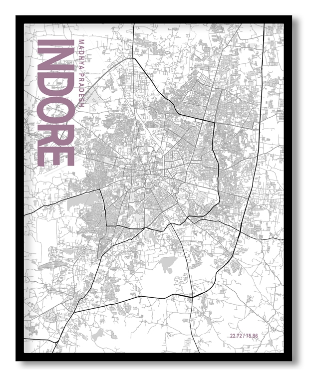Indore White Map Art, Poster style, Framed & Ready to hang wall art