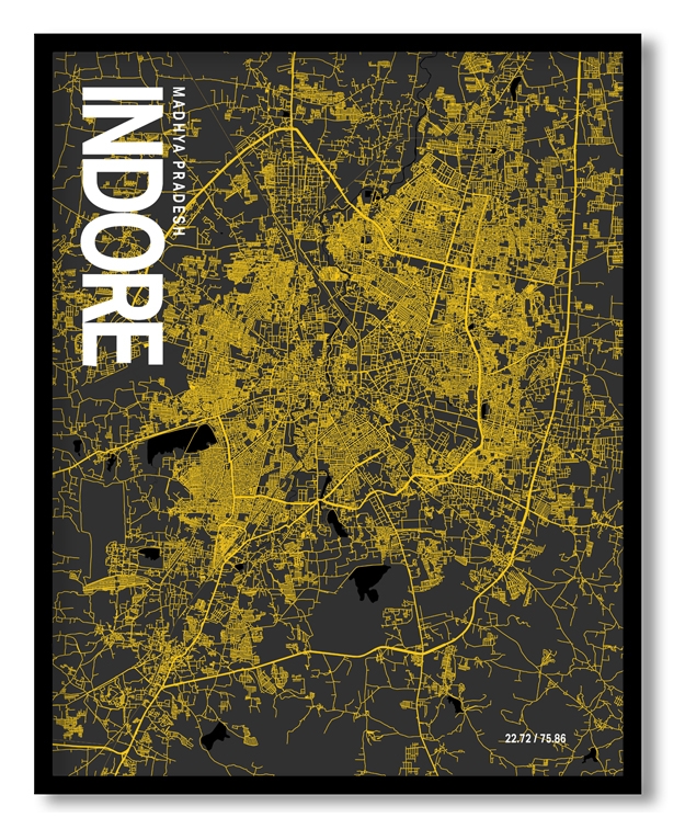 Indore Map Art, Yellow-Black, Poster style, Framed & Ready to hang wall art