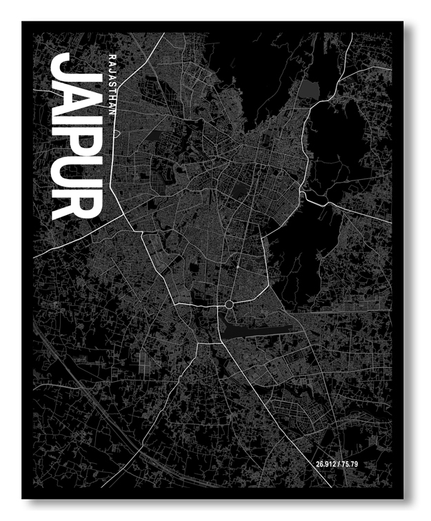 Jaipur Map Art, Black & White, Poster style framed wall art