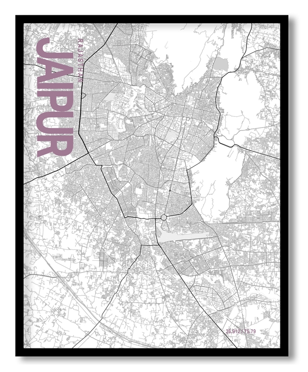 Jaipur White Map Art, Poster style, Framed & Ready to hang wall art