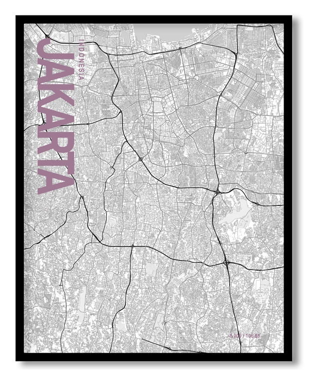Jakarta White Map Art, Poster style, Framed & Ready to hang wall art