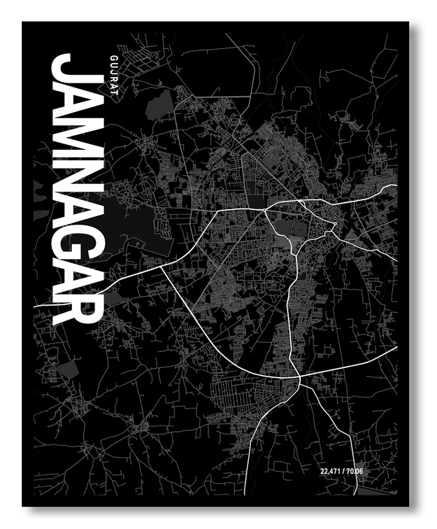 Jamnagar Map Art, Black & White, Poster style framed wall art