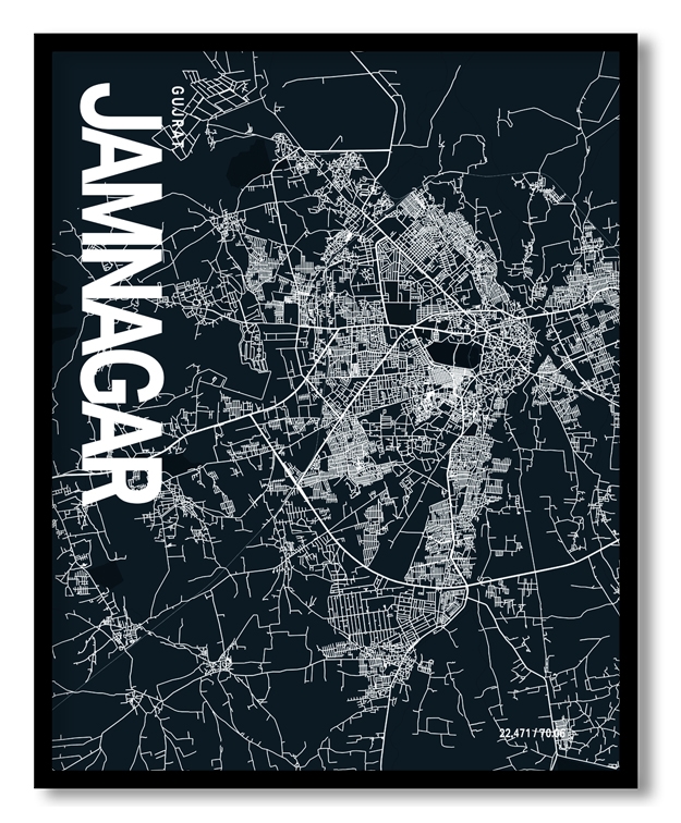 Jamnagar Map Art, Dark Blue poster style, Ready to hang wall art