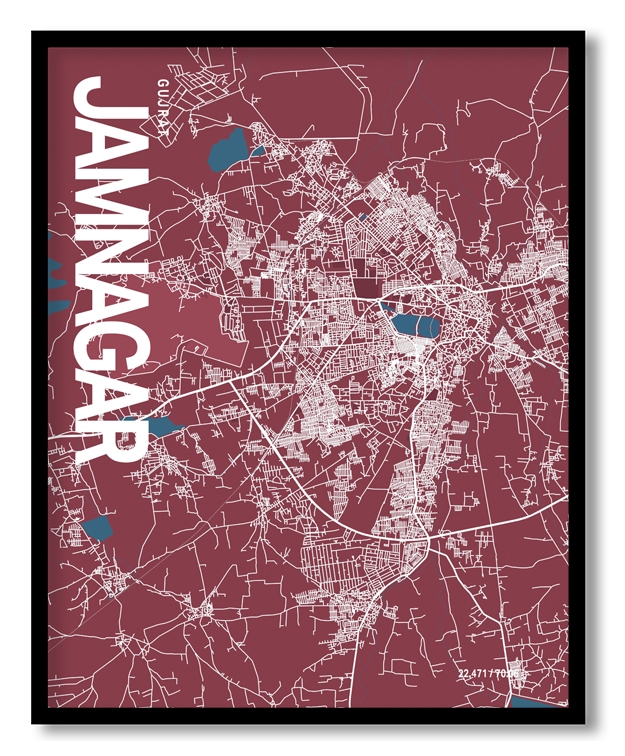 Jamnagar Map Art, Red & Blue, Ready to hang, Framed Wall art