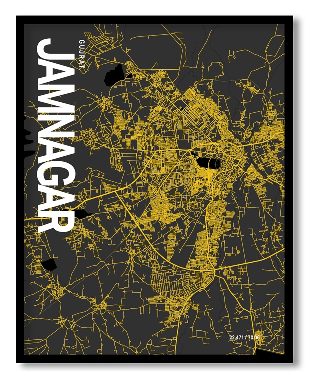 Jamnagar Map Art, Yellow-Black, Poster style, Framed & Ready to hang wall art