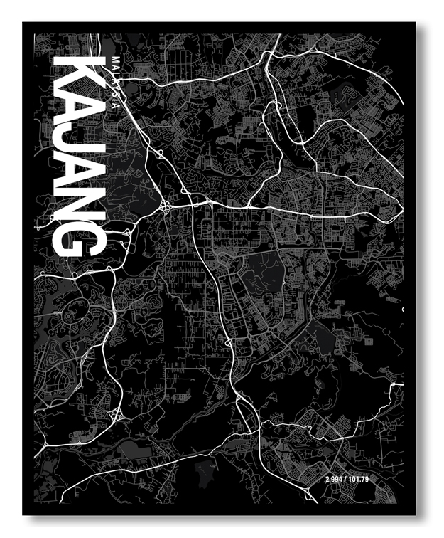Kajang Map Art, Black & White, Poster style framed wall art
