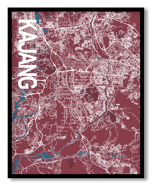 Kajang Map Art, Red & Blue, Ready to hang, Framed Wall art