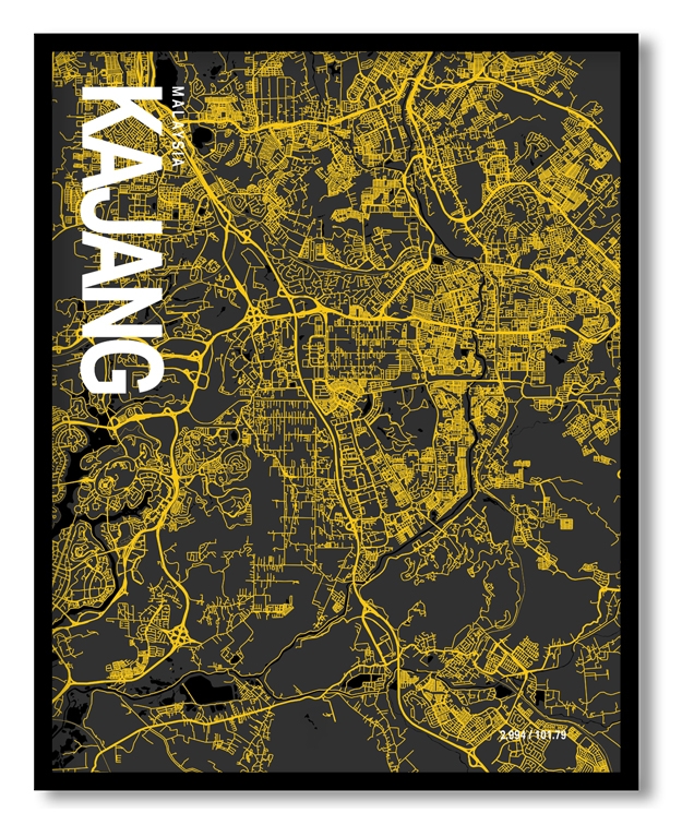 Kajang Map Art, Yellow-Black, Poster style, Framed & Ready to hang wall art