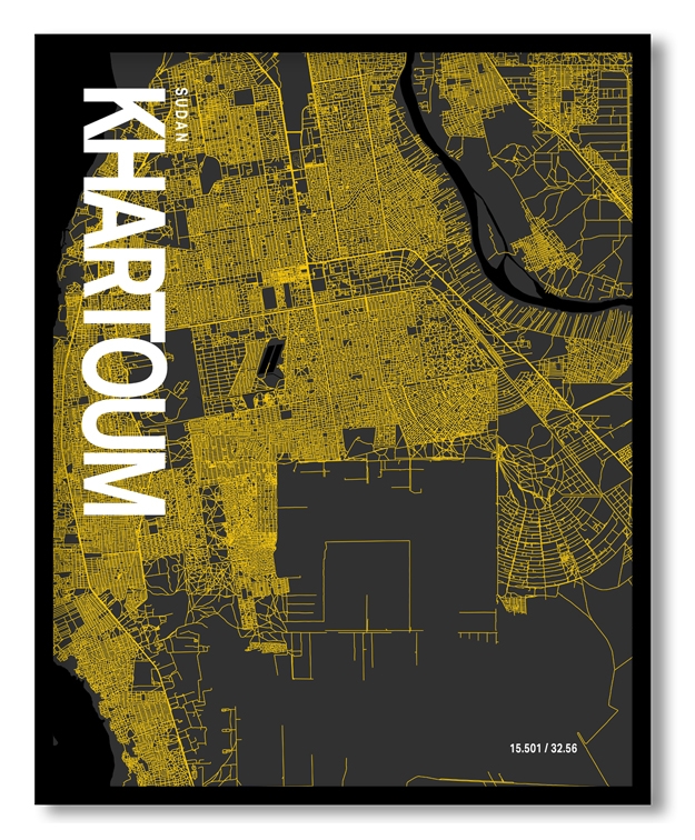 Khartoum Map Art, Yellow-Black, Poster style, Framed & Ready to hang wall art
