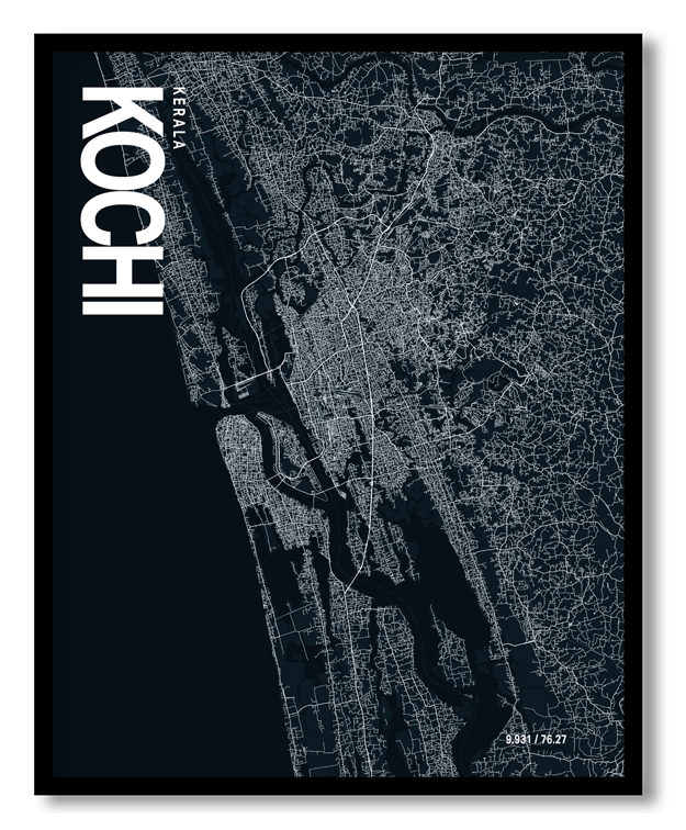 Kochi Map Art, Dark Blue poster style, Ready to hang wall art