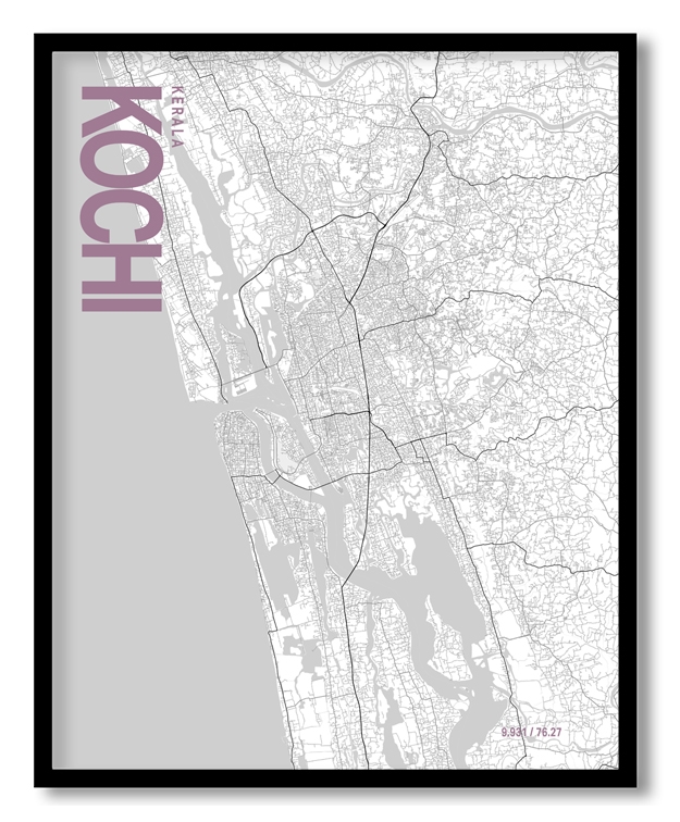 Kochi White Map Art, Poster style, Framed & Ready to hang wall art