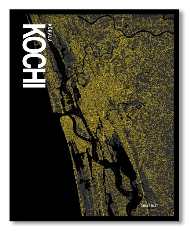 Kochi Map Art, Yellow-Black, Poster style, Framed & Ready to hang wall art