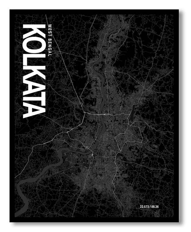 Kolkata Map Art, Black & White, Poster style framed wall art