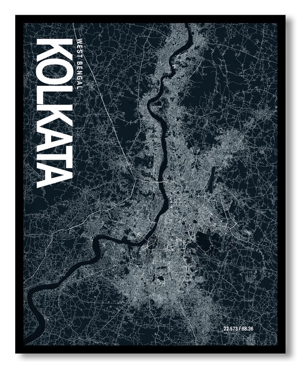 Kolkata Map Art, Dark Blue poster style, Ready to hang wall art