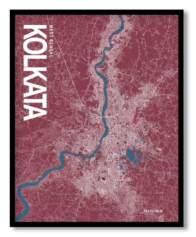 Kolkata Map Art, Red & Blue, Ready to hang, Framed Wall art