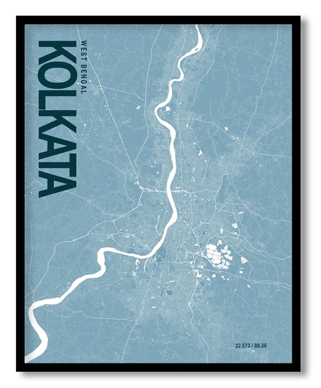 Kolkata Blue Map Art, Ready to hang, Framed Wall art