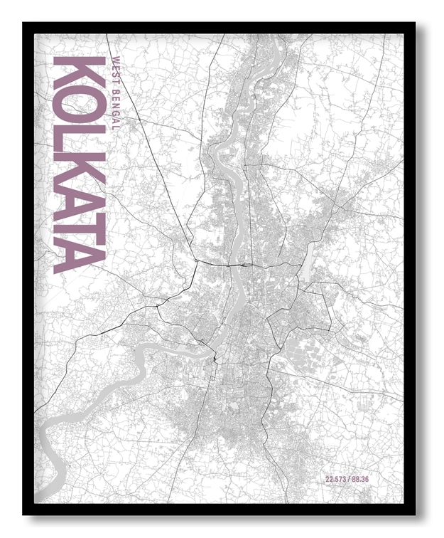Kolkata White Map Art, Poster style, Framed & Ready to hang wall art