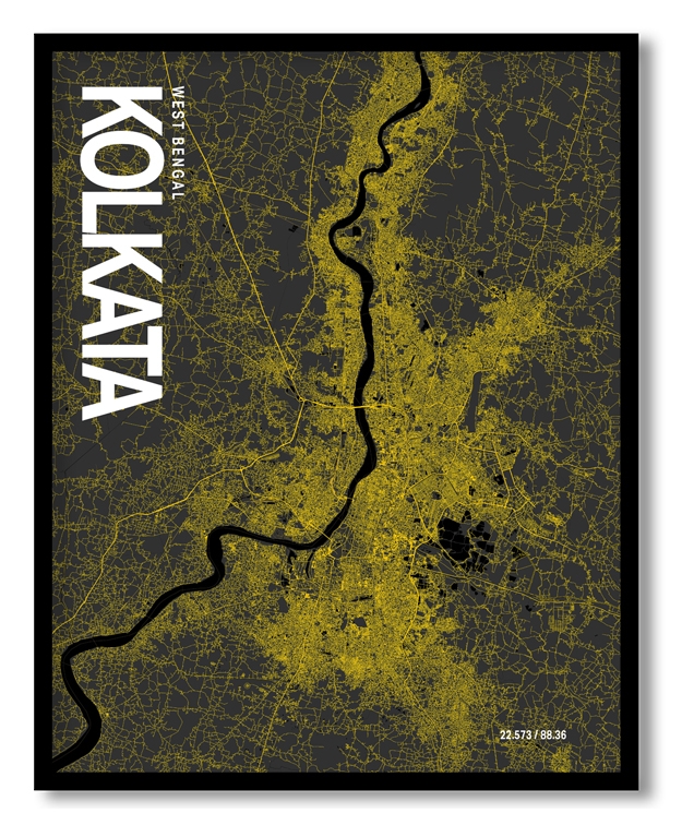 Kolkata Map Art, Yellow-Black, Poster style, Framed & Ready to hang wall art