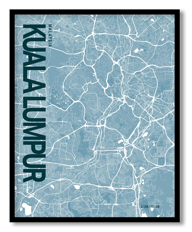Kuala Lumpur Blue Map Art, Ready to hang, Framed Wall art