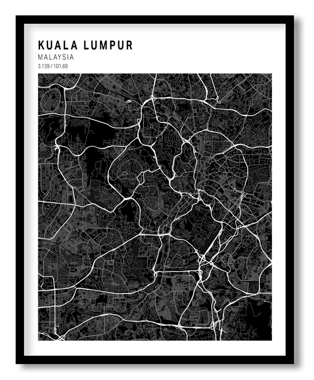 Pantone above black map of Kuala Lumpur