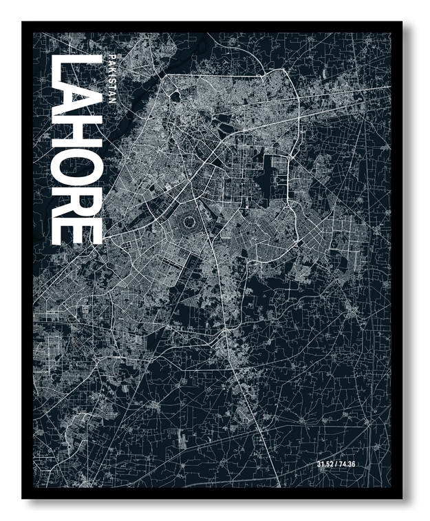 Lahore Map Art, Dark Blue poster style, Ready to hang wall art