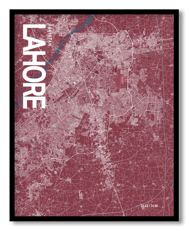 Lahore Map Art, Red & Blue, Ready to hang, Framed Wall art