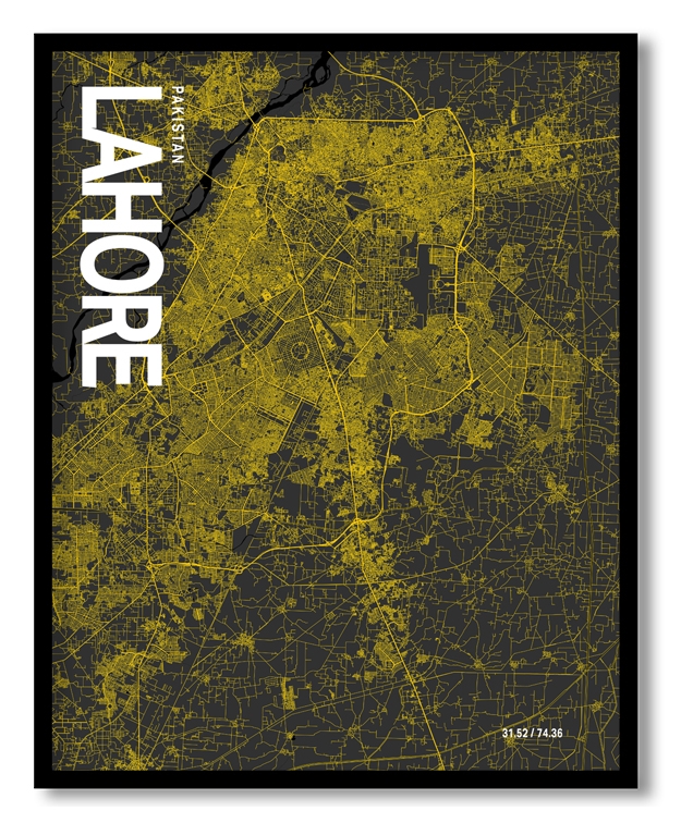 Lahore Map Art, Yellow-Black, Poster style, Framed & Ready to hang wall art