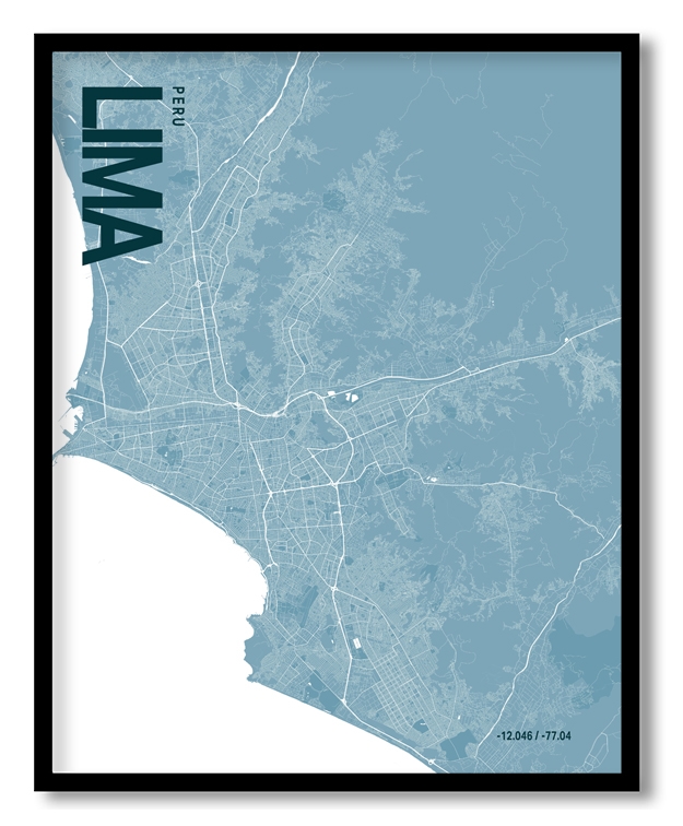 Lima Blue Map Art, Ready to hang, Framed Wall art
