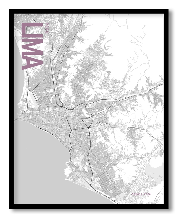 Lima White Map Art, Poster style, Framed & Ready to hang wall art