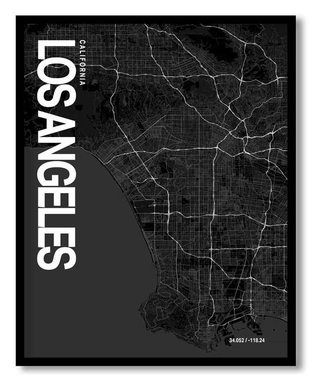 Los Angeles Map Art, Black & White, Poster style framed wall art