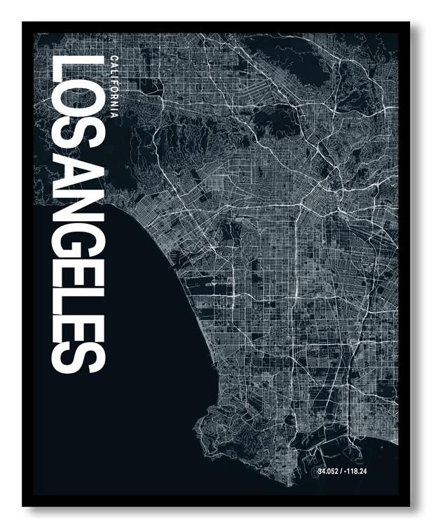 Los Angeles Map Art, Dark Blue poster style, Ready to hang wall art