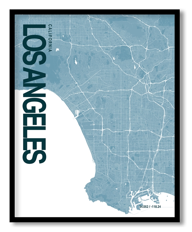 Los Angeles Blue Map Art, Ready to hang, Framed Wall art