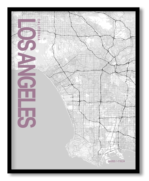 Los Angeles White Map Art, Poster style, Framed & Ready to hang wall art