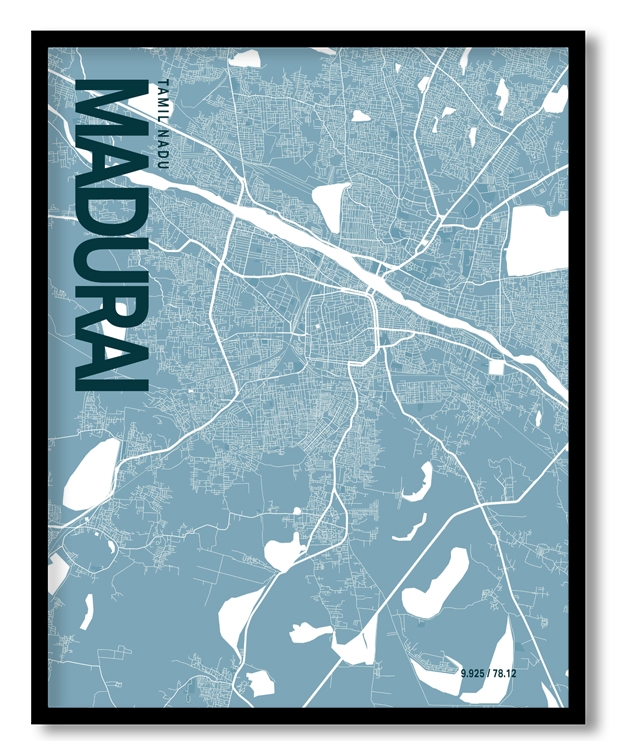 Madurai Blue Map Art, Ready to hang, Framed Wall art
