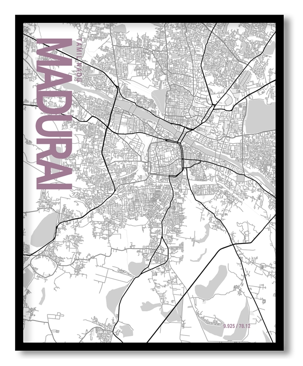 Madurai White Map Art, Poster style, Framed & Ready to hang wall art