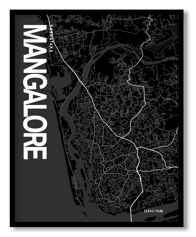 Mangalore Map Art, Black & White, Poster style framed wall art