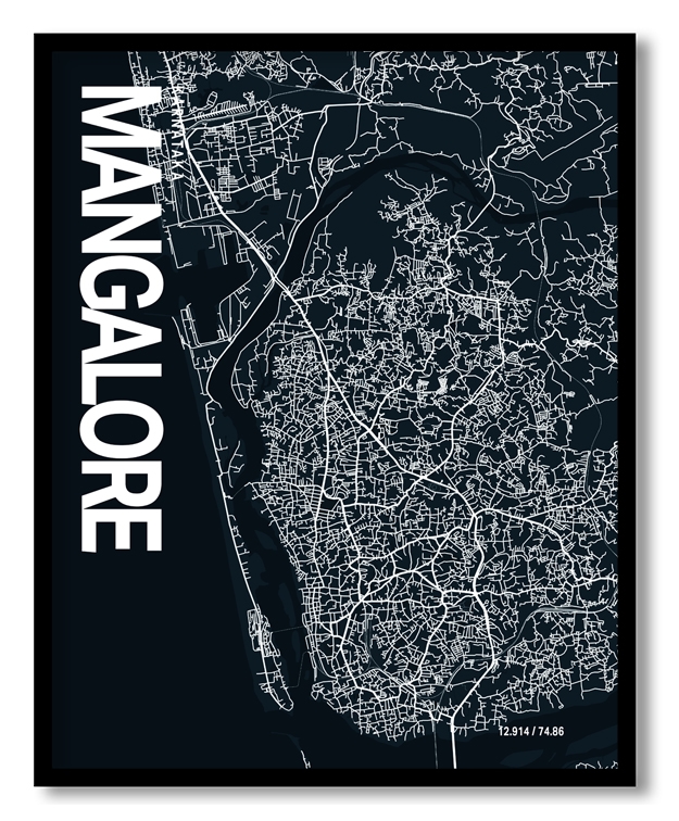 Mangalore Map Art, Dark Blue poster style, Ready to hang wall art